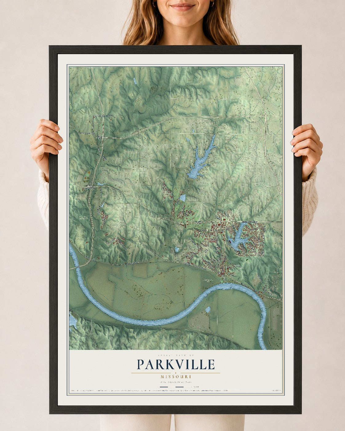 Map of Parkville, Missouri, 24 x 36 inch print in a black wood frame