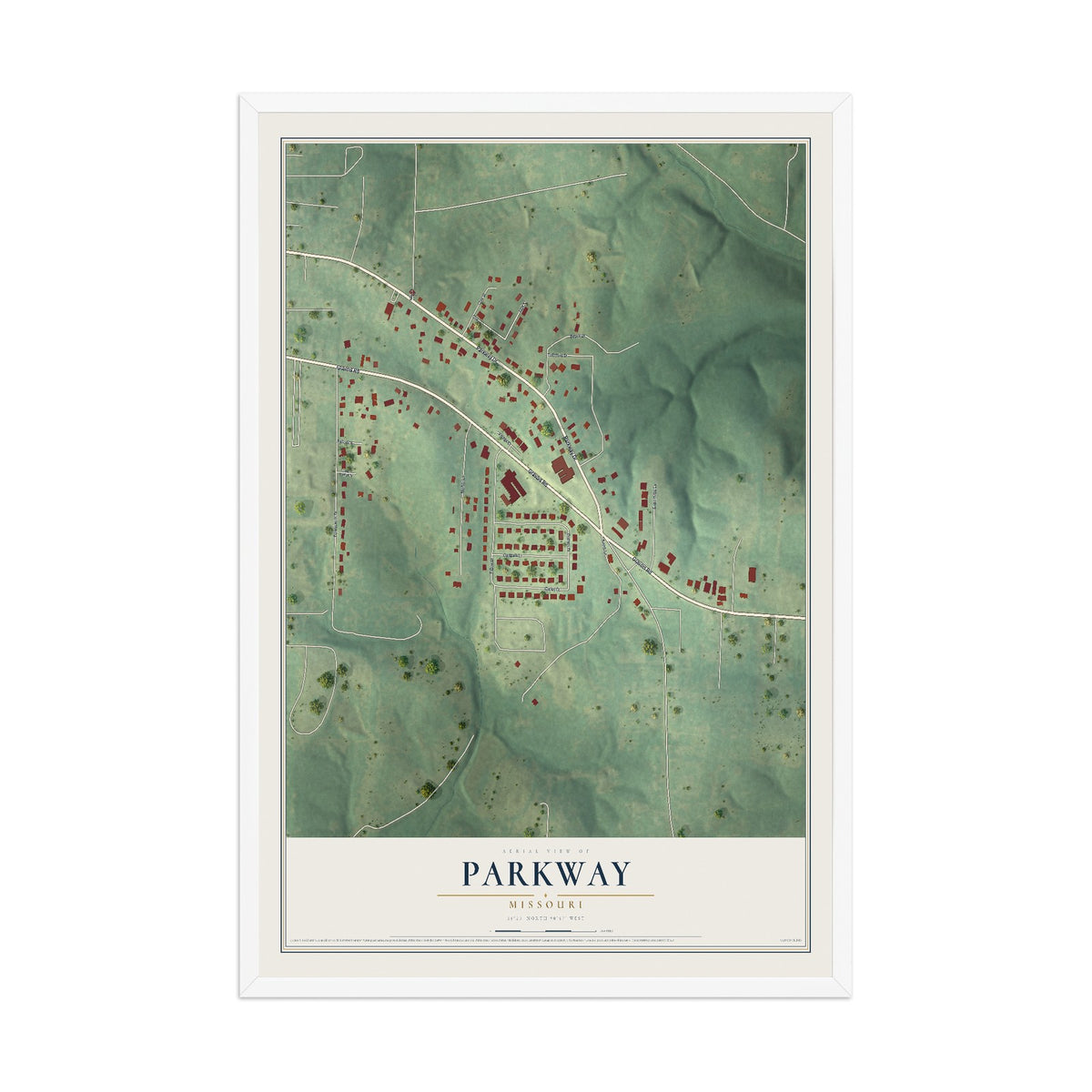 Map of Parkway, Missouri, 12 x 18 inch print in a white wood frame