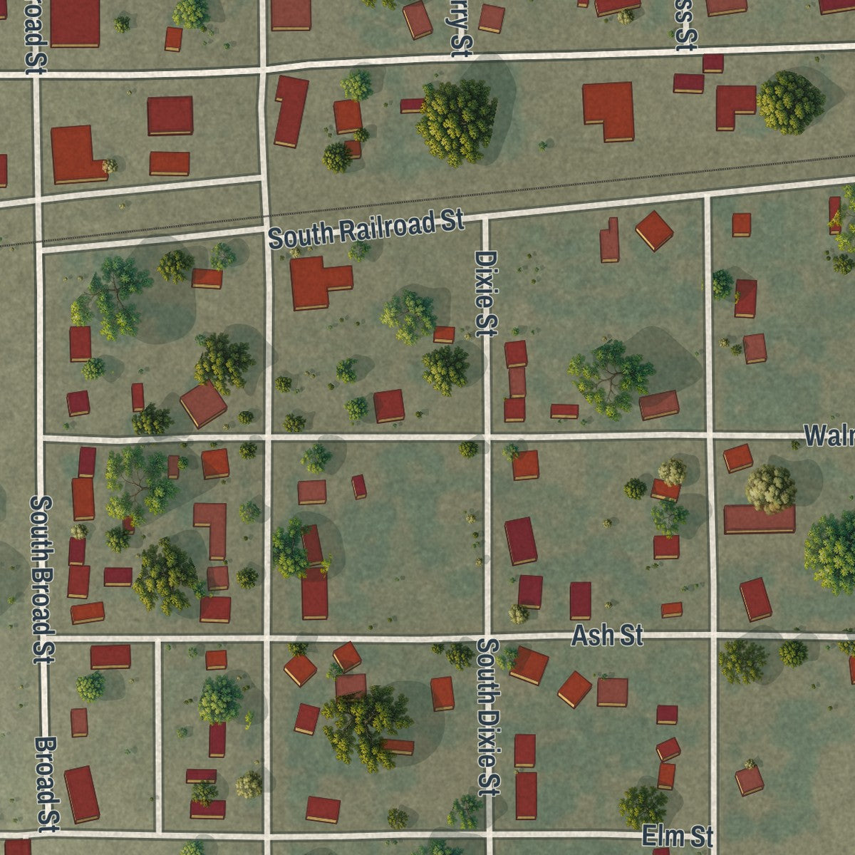 Close-up of the map of Parma, Missouri print showing street and building detail