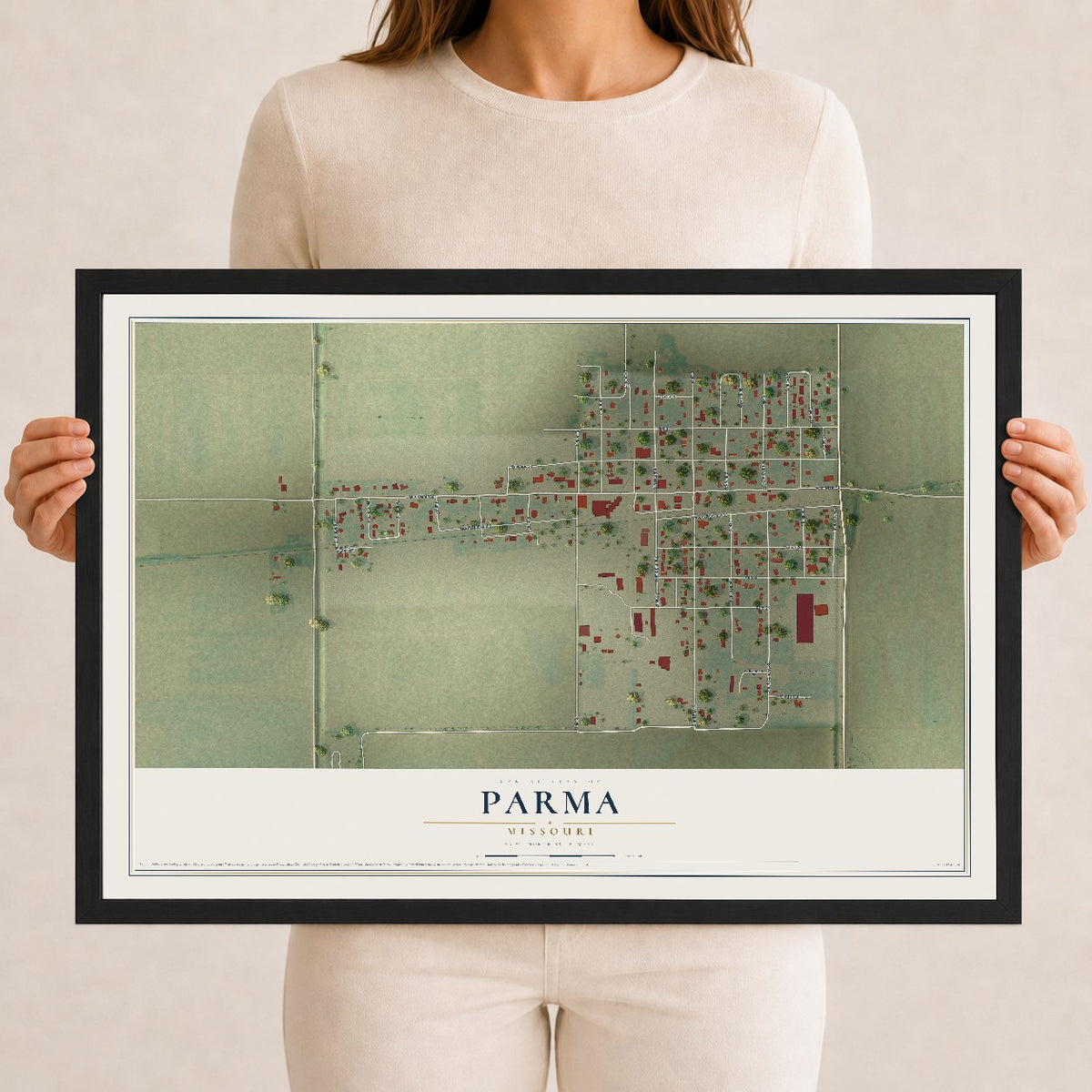 Map of Parma, Missouri, 12 x 18 inch print in a black wood frame