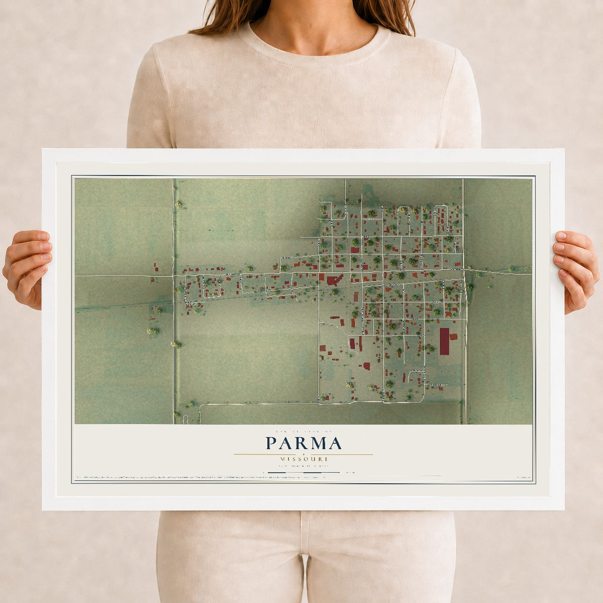 Map of Parma, Missouri, 12 x 18 inch print in a white wood frame