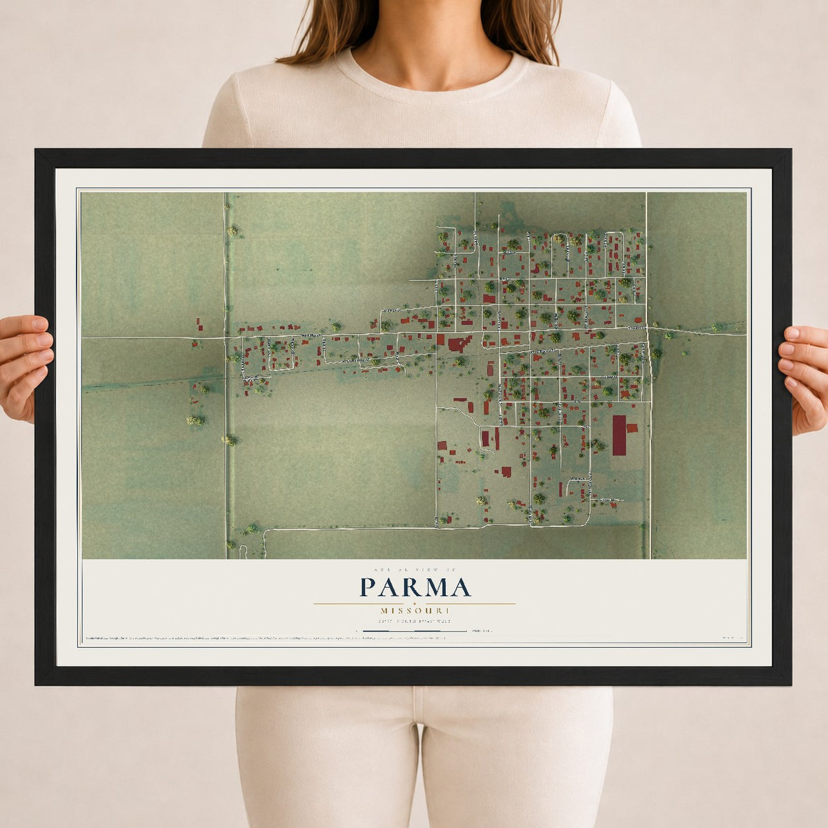 Map of Parma, Missouri, 18 x 24 inch print in a black wood frame