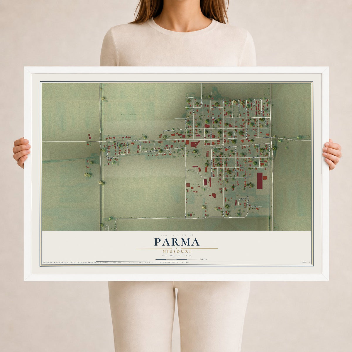 Map of Parma, Missouri, 24 x 36 inch print in a white wood frame