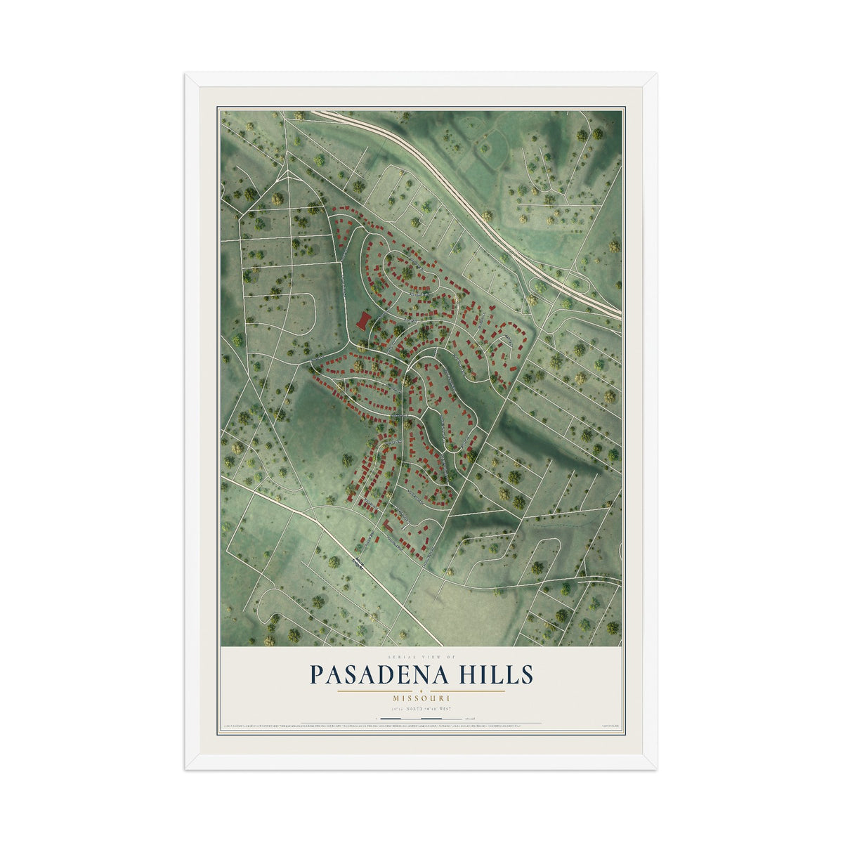 Map of Pasadena Hills, Missouri, 12 x 18 inch print in a white wood frame
