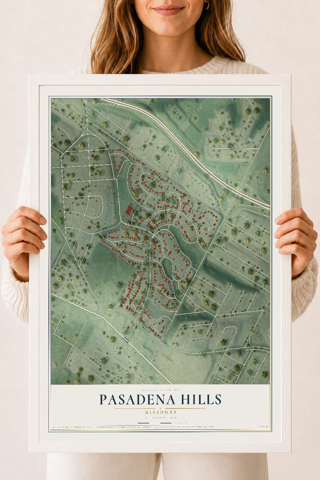 Map of Pasadena Hills, Missouri, 18 x 24 inch print in a white wood frame