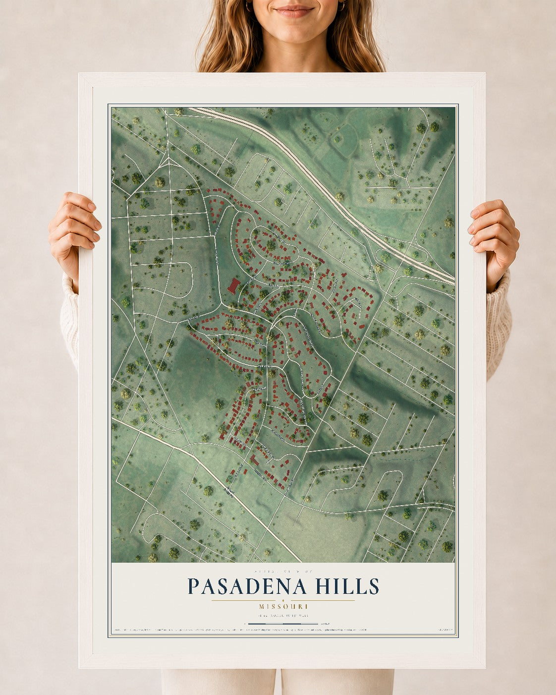 Map of Pasadena Hills, Missouri, 24 x 36 inch print in a white wood frame