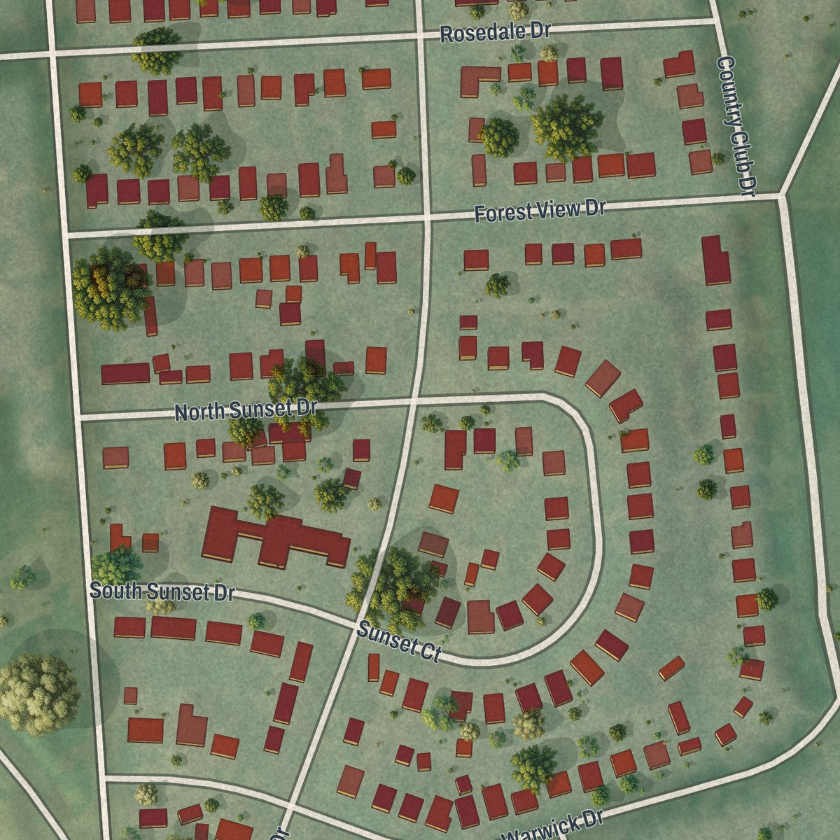 Close-up of the map of Pasadena Park, Missouri print showing street and building detail