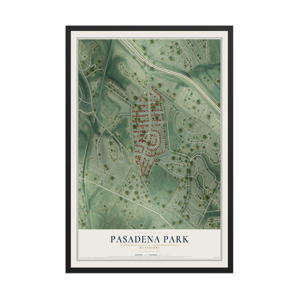 Map of Pasadena Park, Missouri, 12 x 18 inch print in a black wood frame