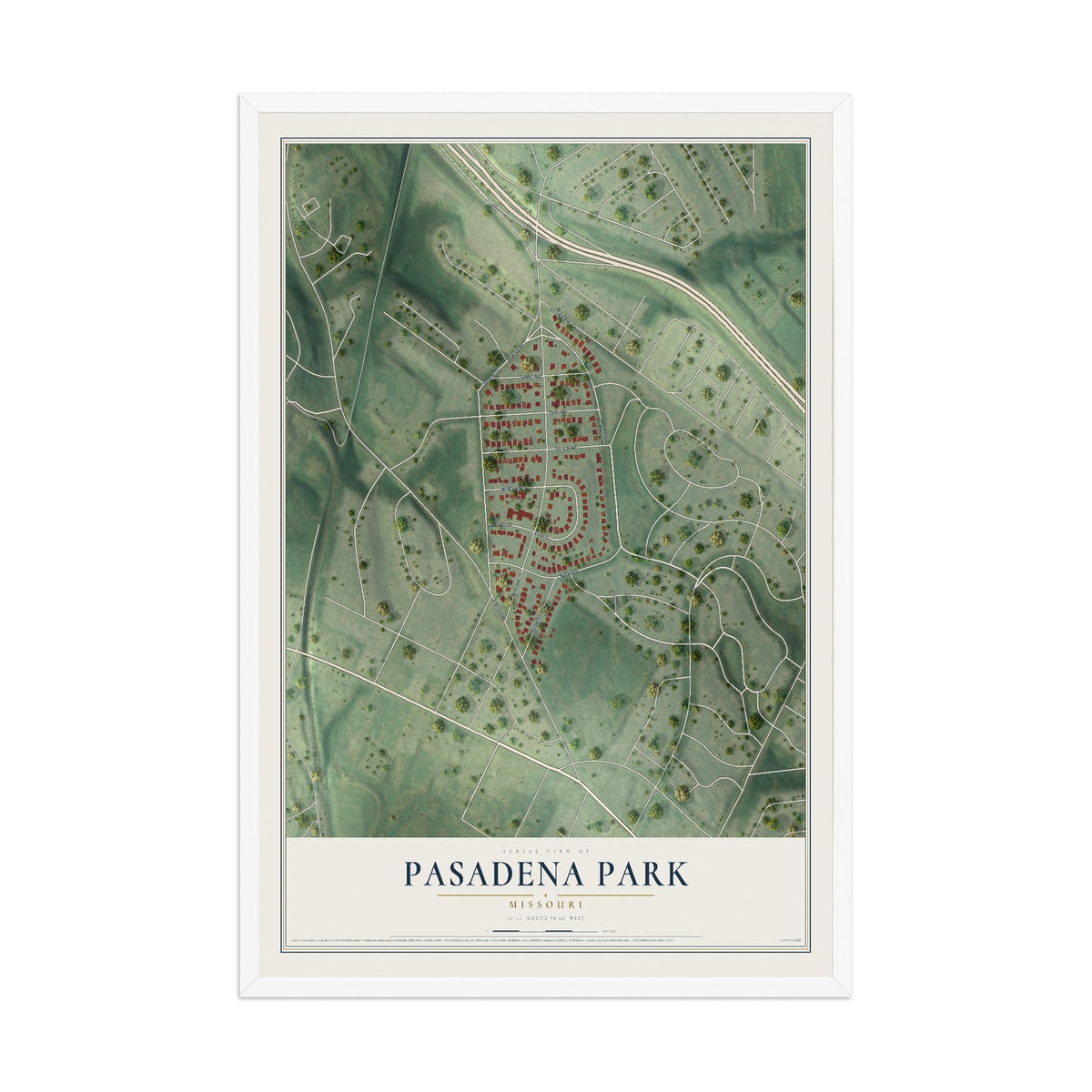 Map of Pasadena Park, Missouri, 12 x 18 inch print in a white wood frame