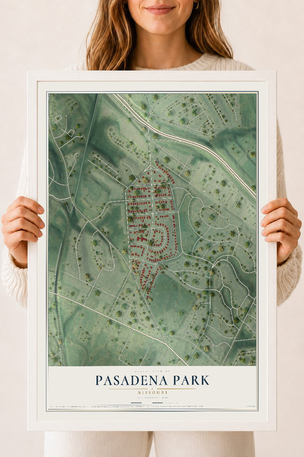 Map of Pasadena Park, Missouri, 18 x 24 inch print in a white wood frame