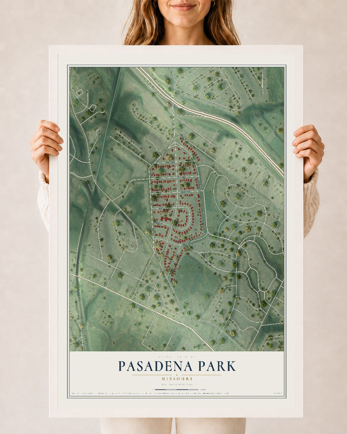 Map of Pasadena Park, Missouri, 24 x 36 inch print in a white wood frame