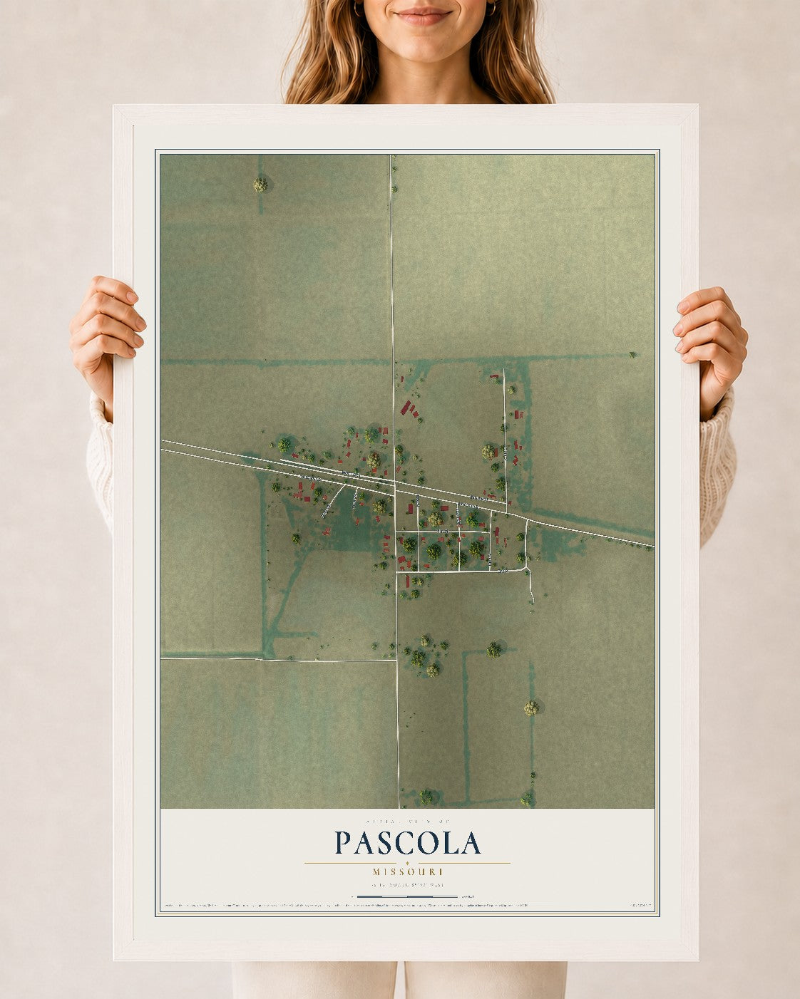 Map of Pascola, Missouri, 24 x 36 inch print in a white wood frame