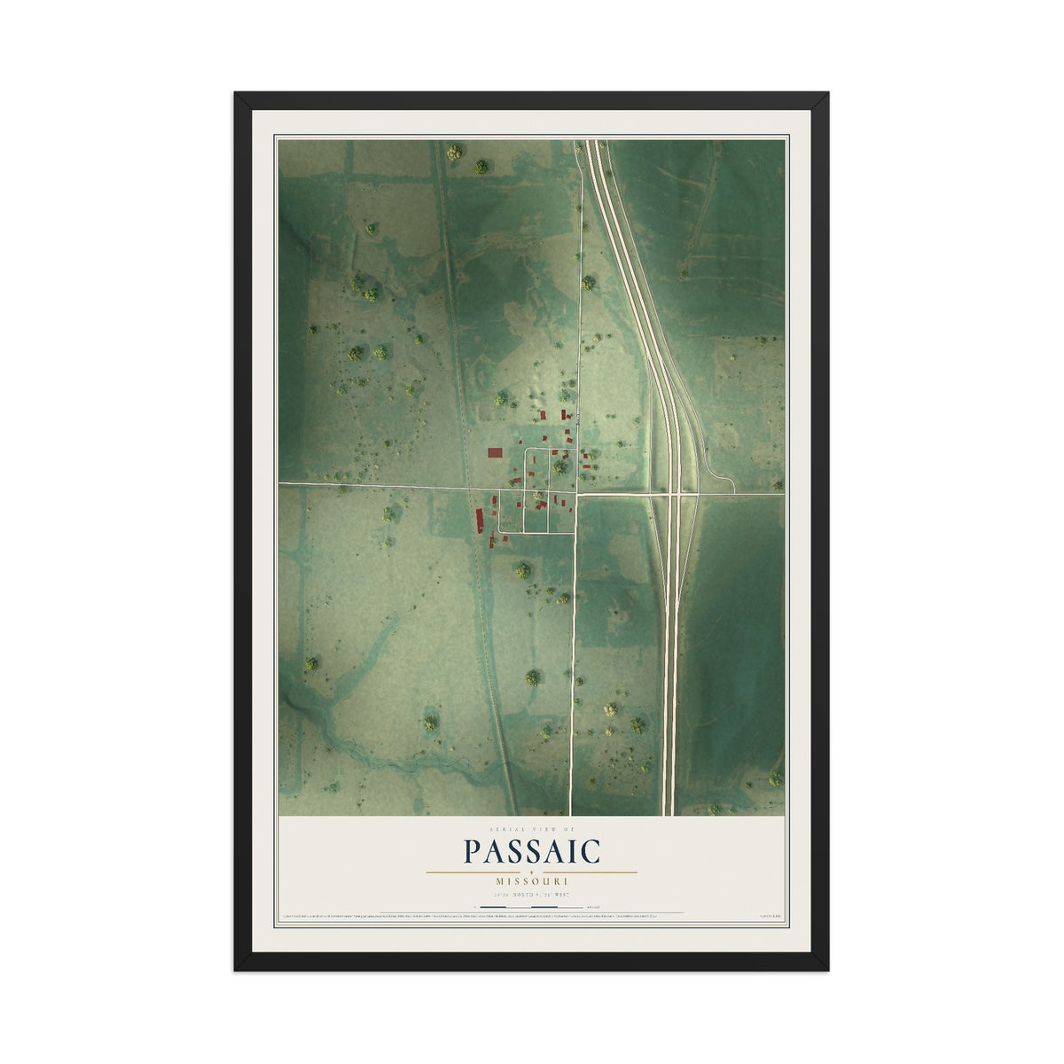 Map of Passaic, Missouri, 12 x 18 inch print in a black wood frame