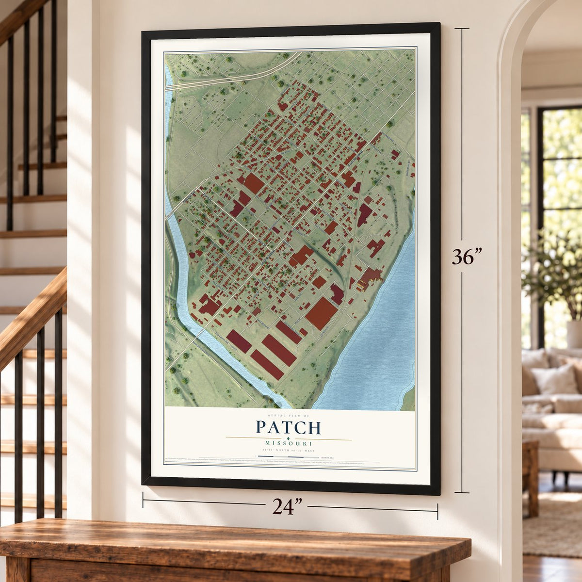Patch, Missouri map, 24 x 36 inch print in a black frame by a staircase