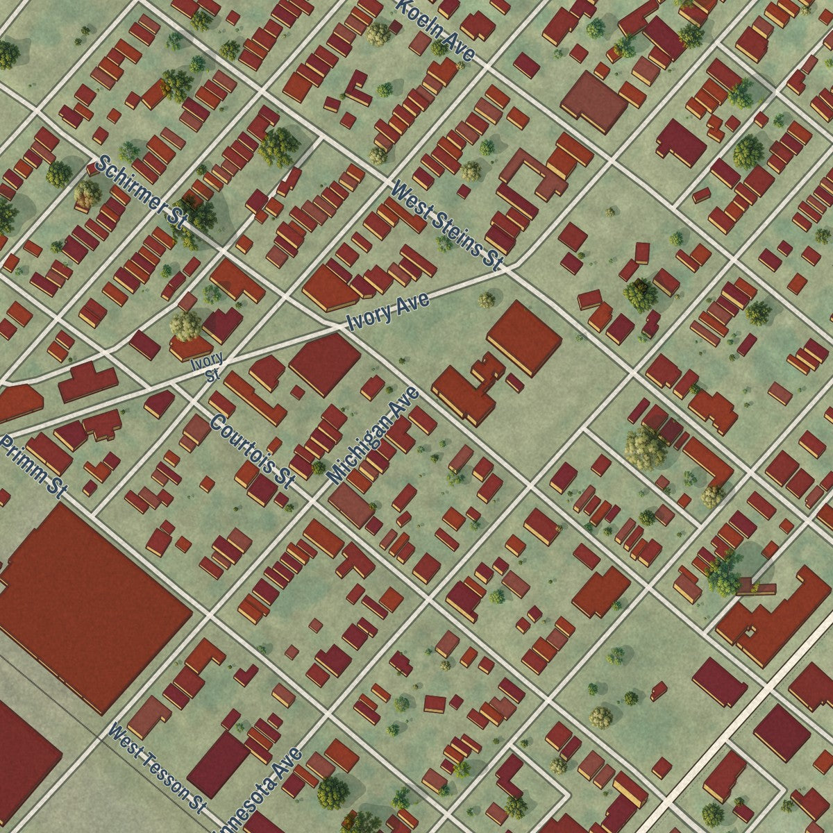 Close-up of the map of Patch, Missouri print showing street and building detail