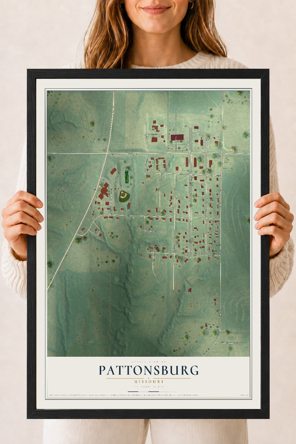 Map of Pattonsburg, Missouri, 18 x 24 inch print in a black wood frame