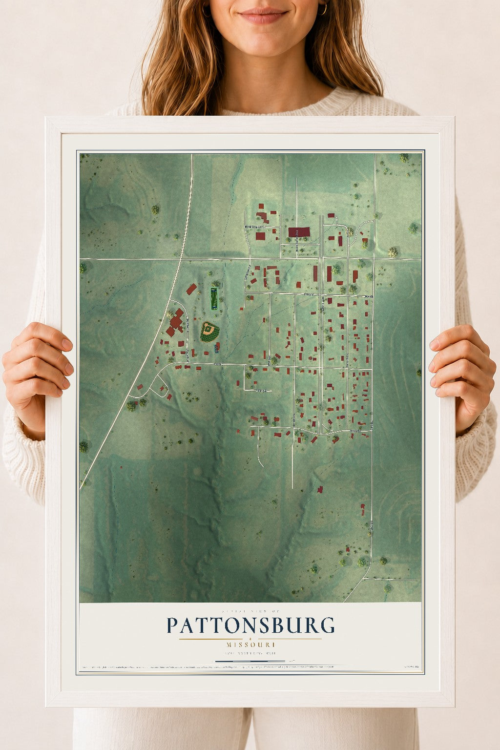 Map of Pattonsburg, Missouri, 18 x 24 inch print in a white wood frame