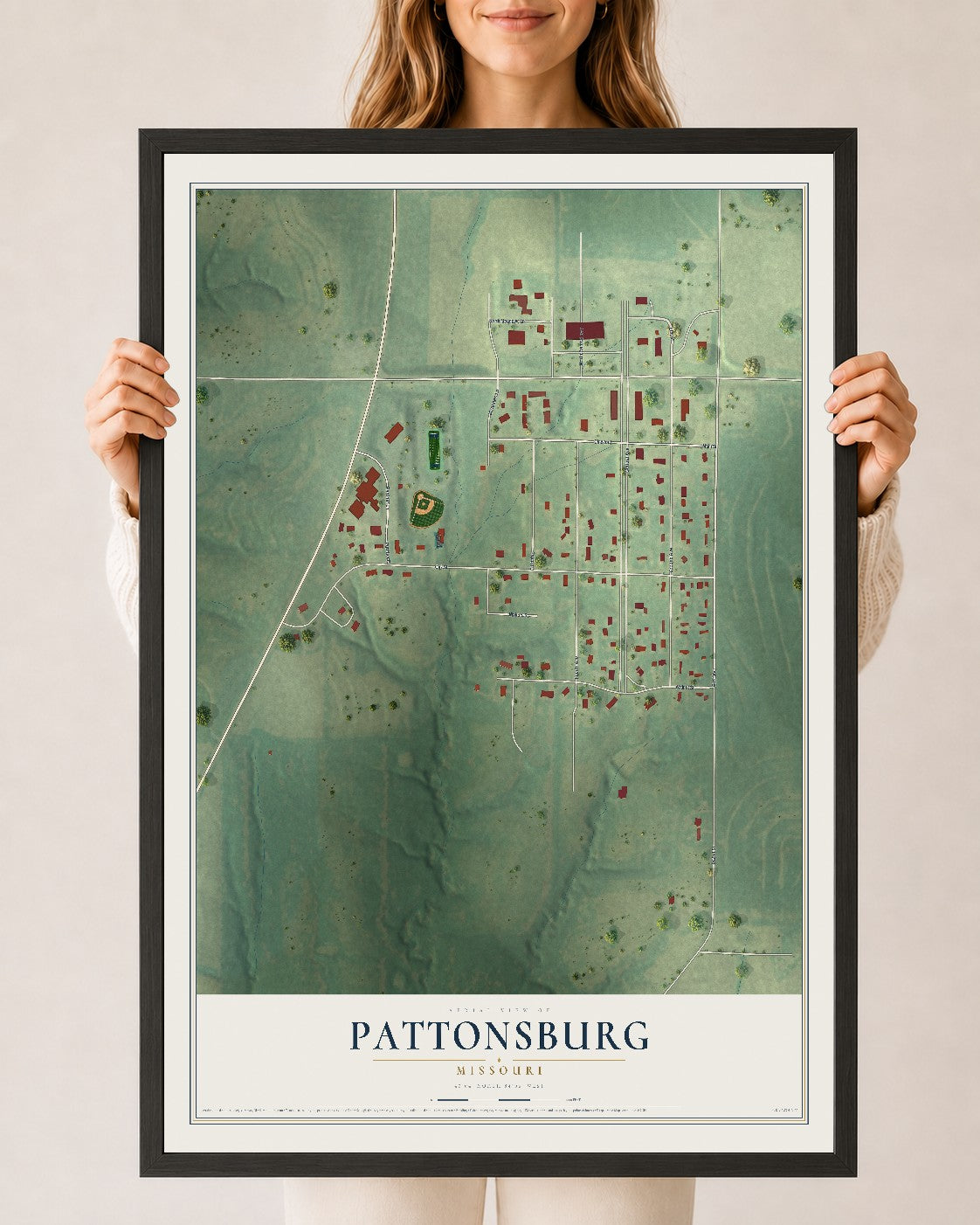 Map of Pattonsburg, Missouri, 24 x 36 inch print in a black wood frame