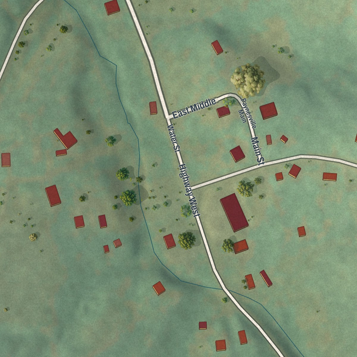 Close-up of the map of Paynesville, Missouri print showing street and building detail