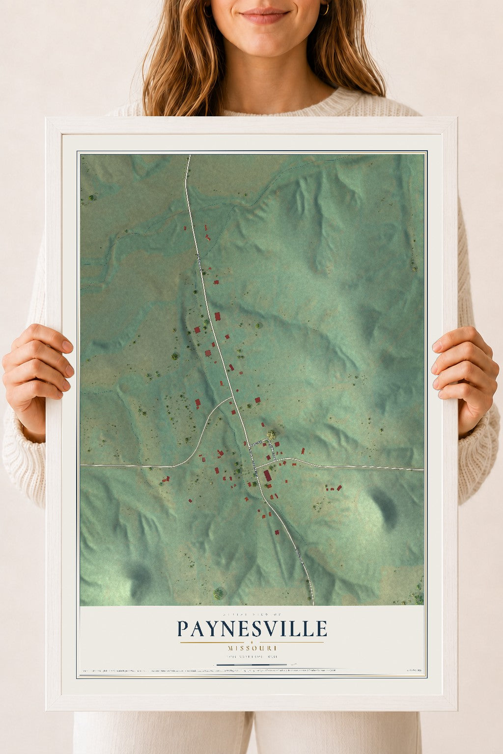 Map of Paynesville, Missouri, 18 x 24 inch print in a white wood frame