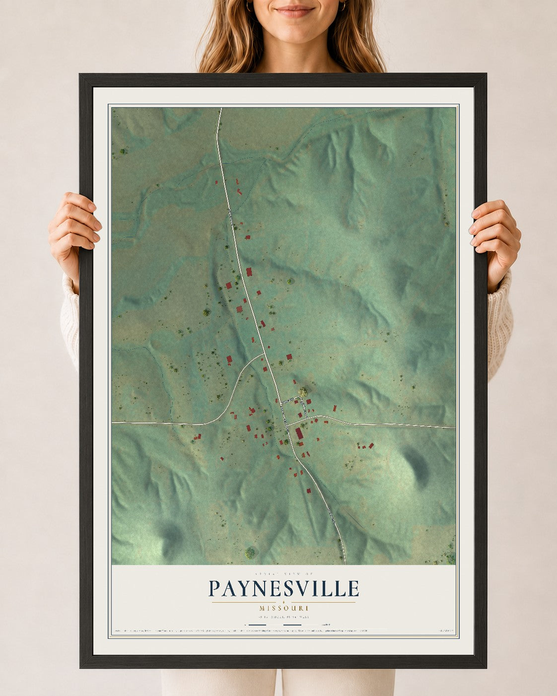 Map of Paynesville, Missouri, 24 x 36 inch print in a black wood frame