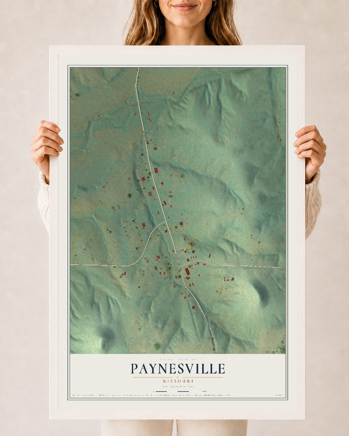 Map of Paynesville, Missouri, 24 x 36 inch print in a white wood frame