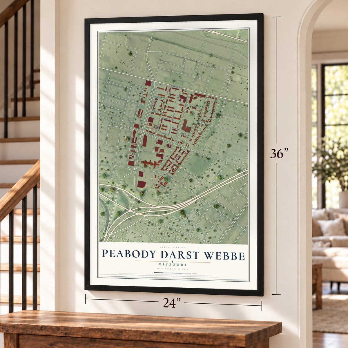 Peabody Darst Webbe, Missouri map, 24 x 36 inch print in a black frame by a staircase