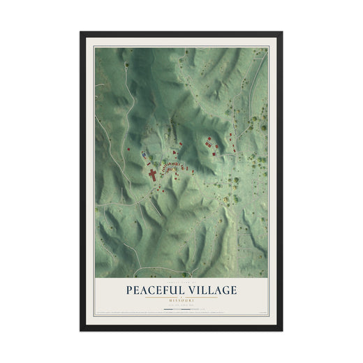 Map of Peaceful Village, Missouri, 12 x 18 inch print in a black wood frame