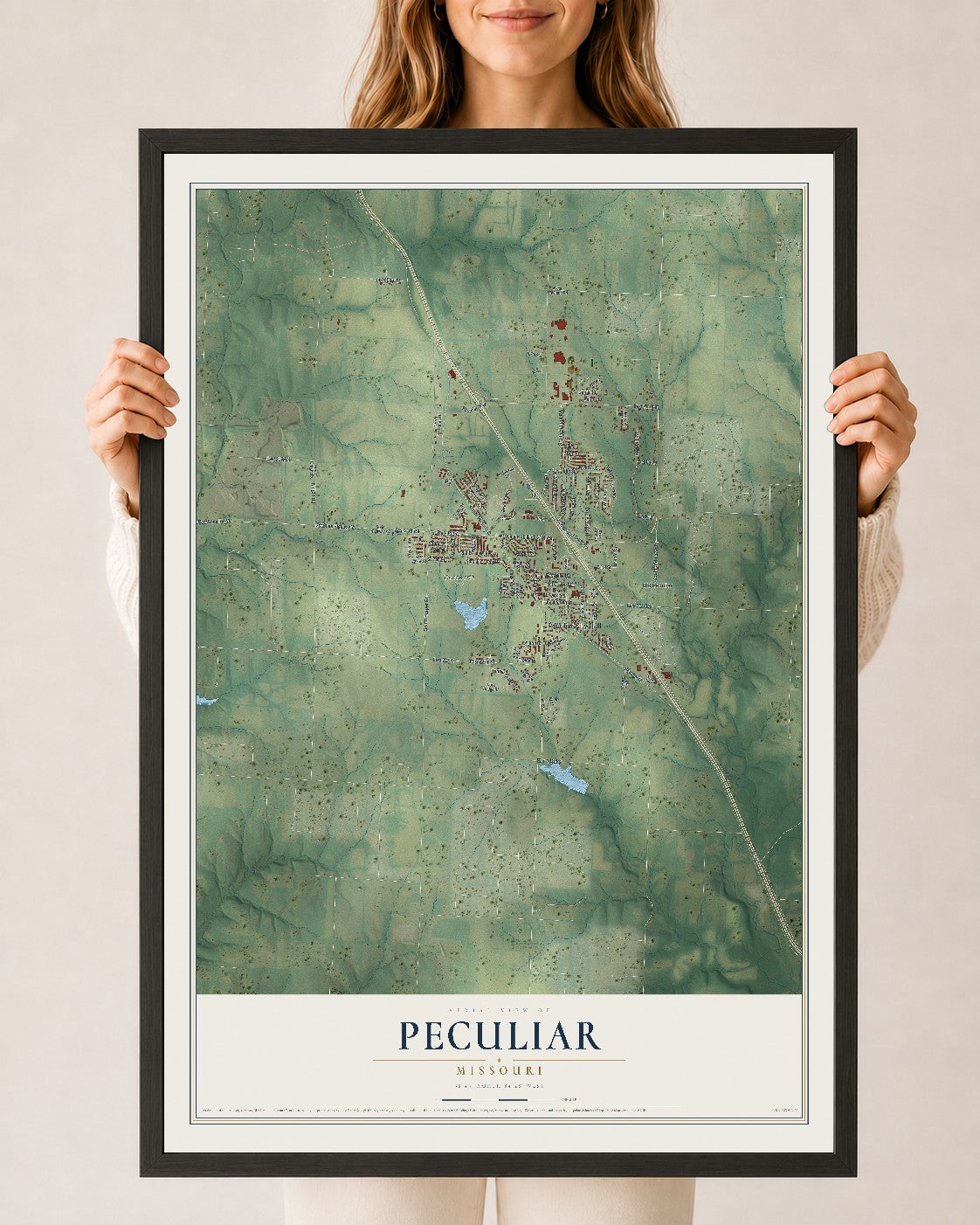 Map of Peculiar, Missouri, 24 x 36 inch print in a black wood frame