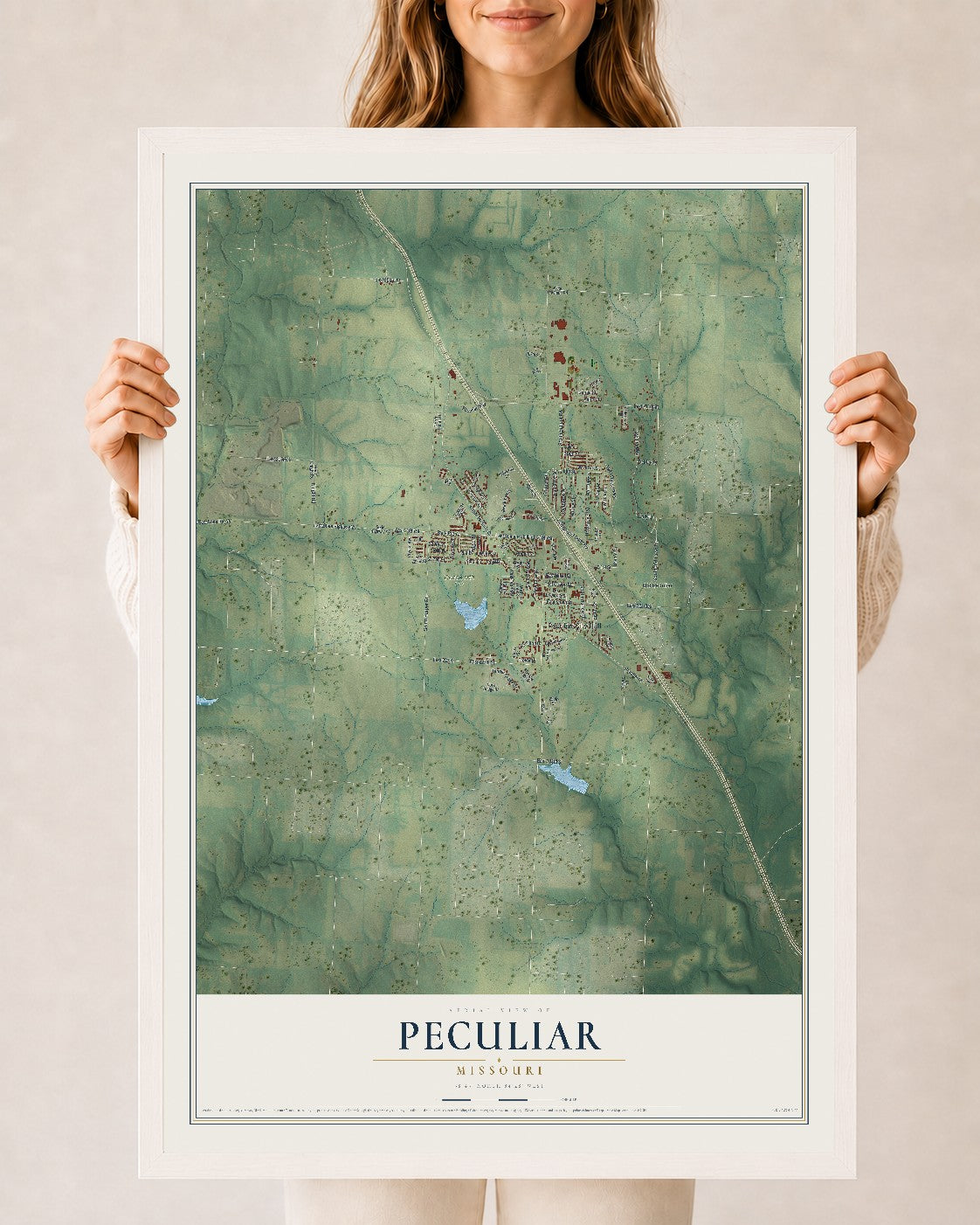 Map of Peculiar, Missouri, 24 x 36 inch print in a white wood frame