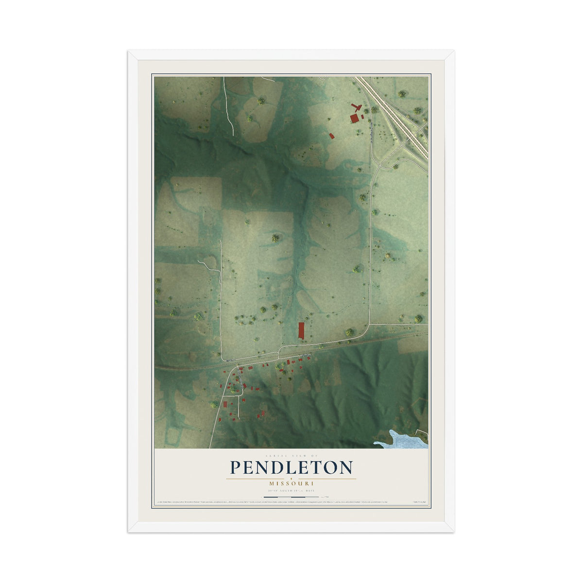 Map of Pendleton, Missouri, 12 x 18 inch print in a white wood frame