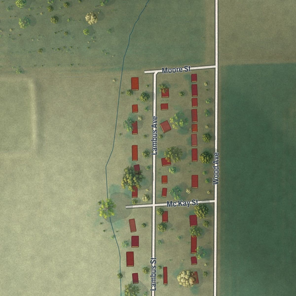 Close-up of the map of Penermon, Missouri print showing street and building detail