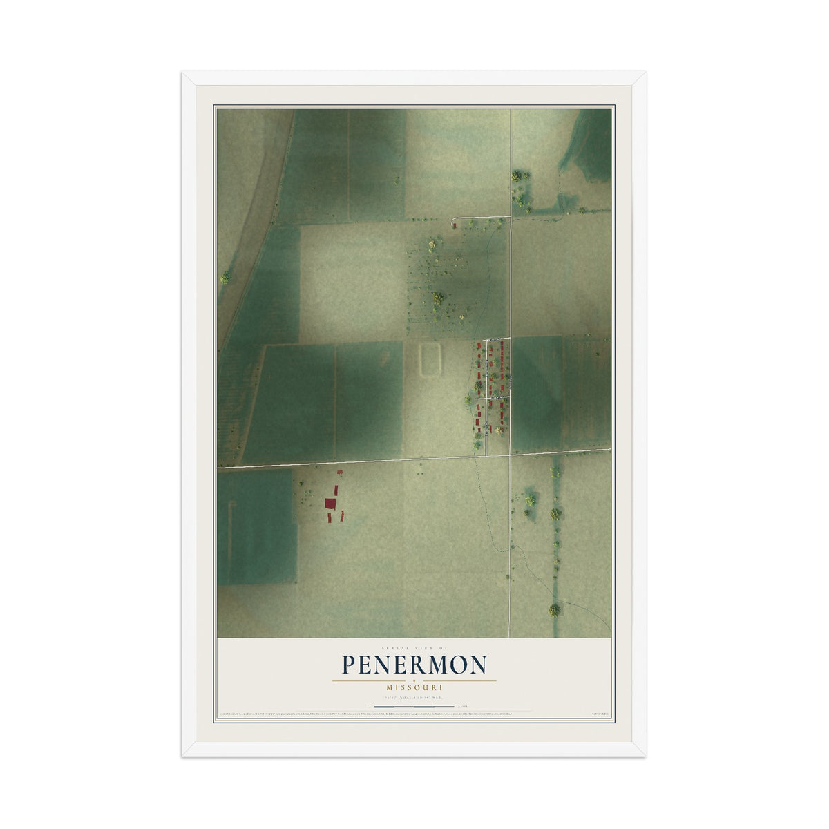 Map of Penermon, Missouri, 12 x 18 inch print in a white wood frame