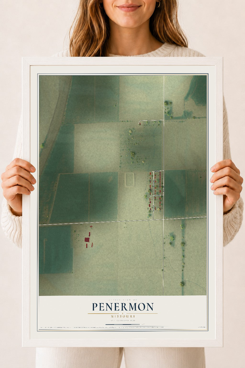 Map of Penermon, Missouri, 18 x 24 inch print in a white wood frame