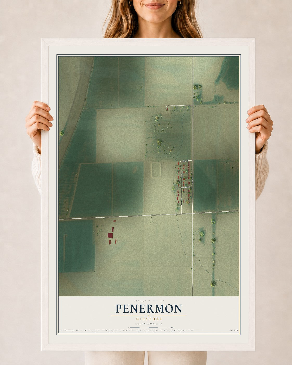 Map of Penermon, Missouri, 24 x 36 inch print in a white wood frame