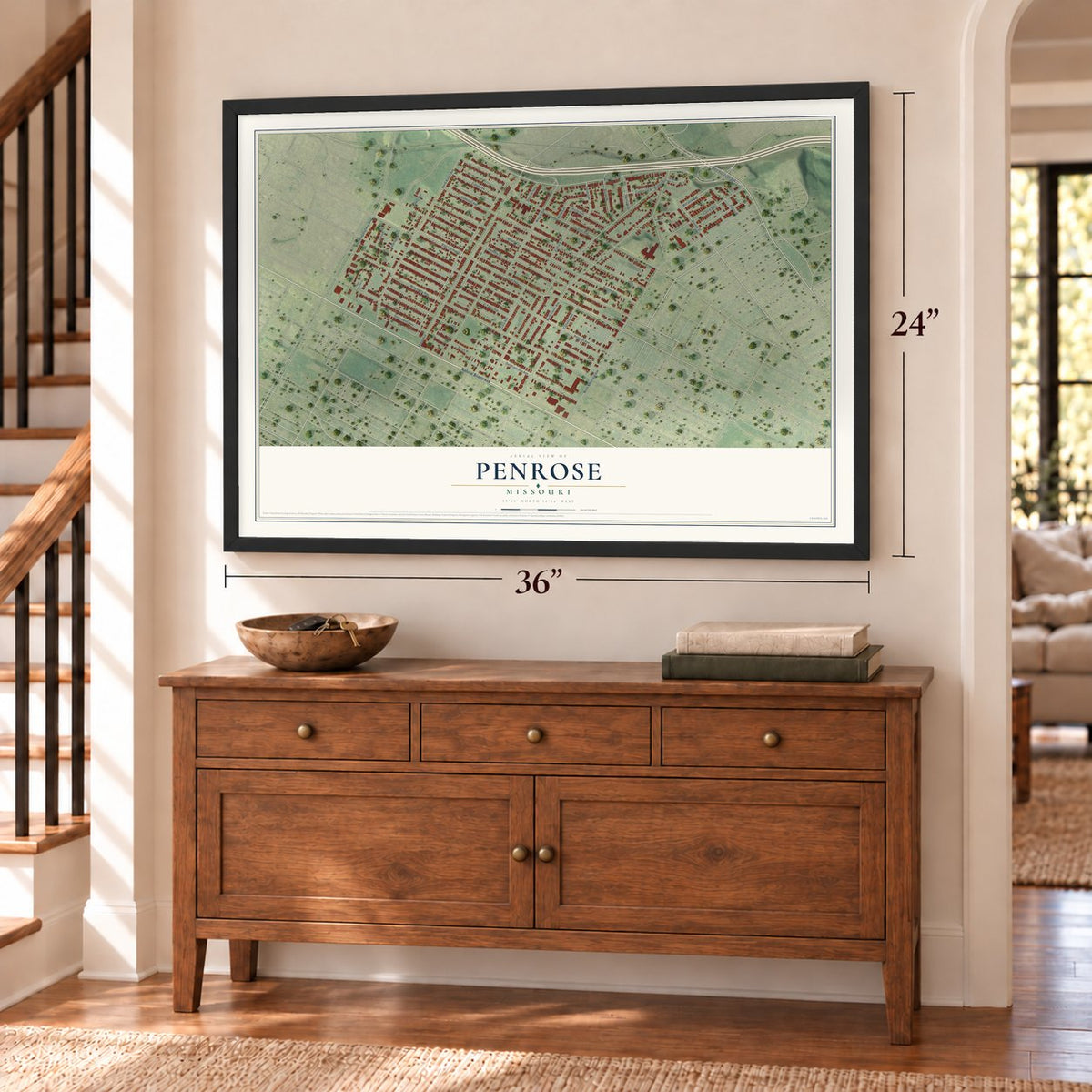 Penrose, Missouri map, 24 x 36 inch print in a black frame above a dresser by a staircase