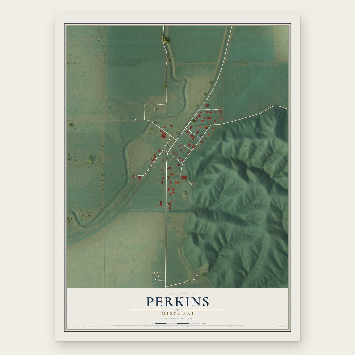Perkins, Missouri map print, the full design