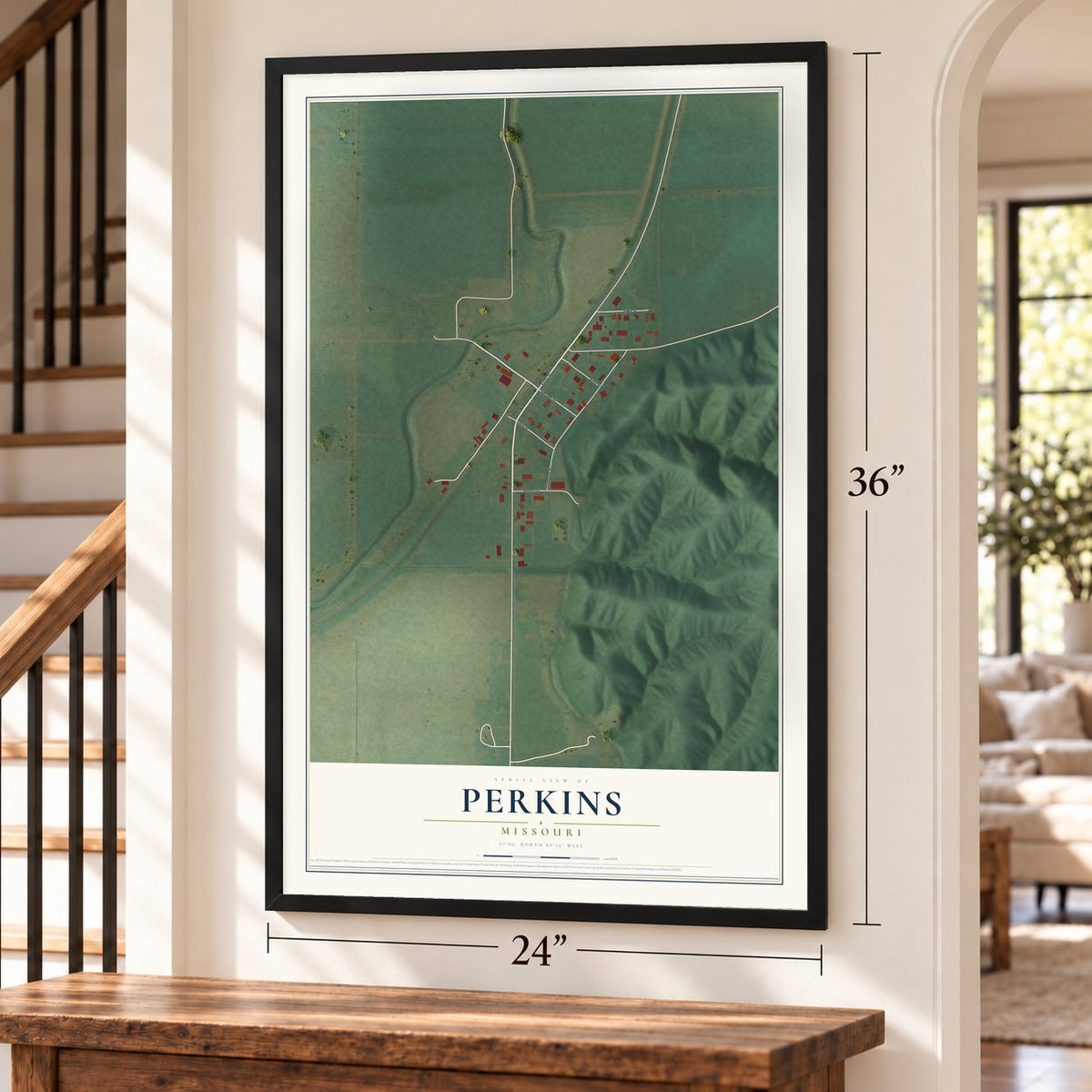 Perkins, Missouri map, 24 x 36 inch print in a black frame by a staircase