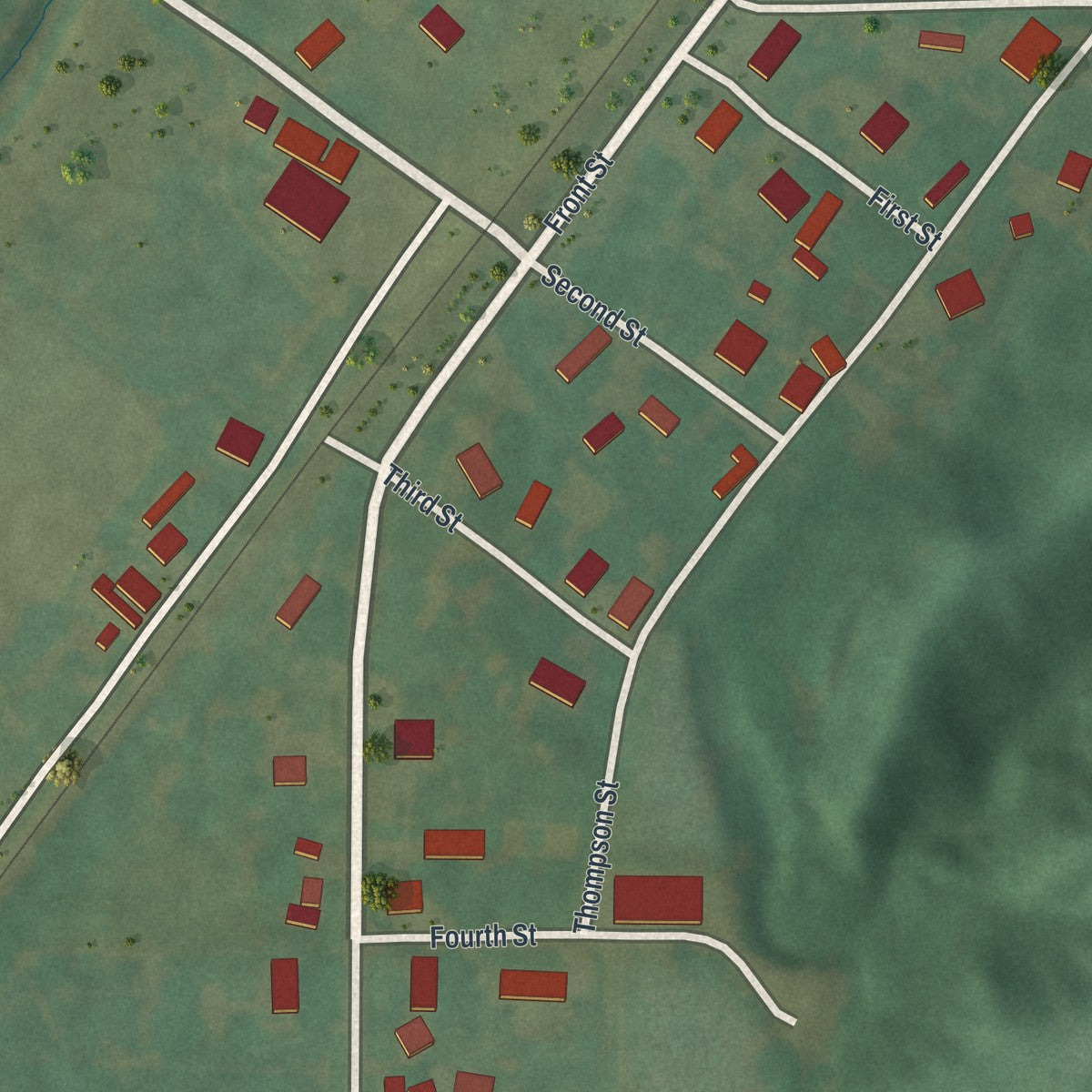 Close-up of the map of Perkins, Missouri print showing street and building detail