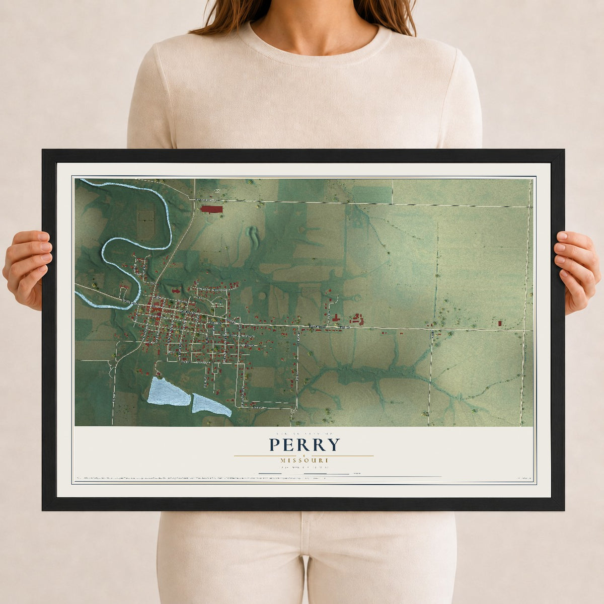 Map of Perry, Missouri, 12 x 18 inch print in a black wood frame