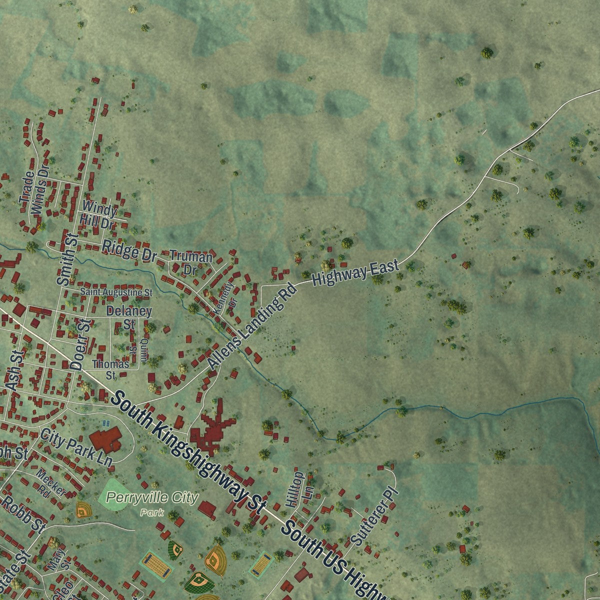 Second close-up of the map of Perryville, Missouri print showing more streets and buildings