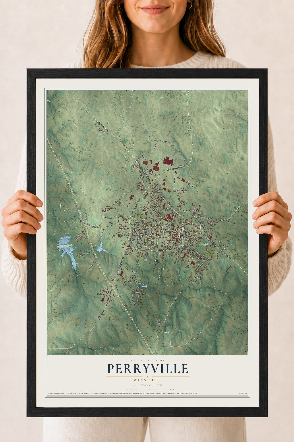 Map of Perryville, Missouri, 18 x 24 inch print in a black wood frame