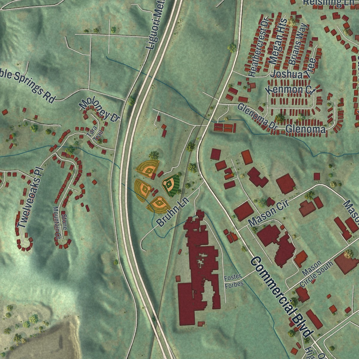 Close-up of the map of Pevely, Missouri print showing street and building detail