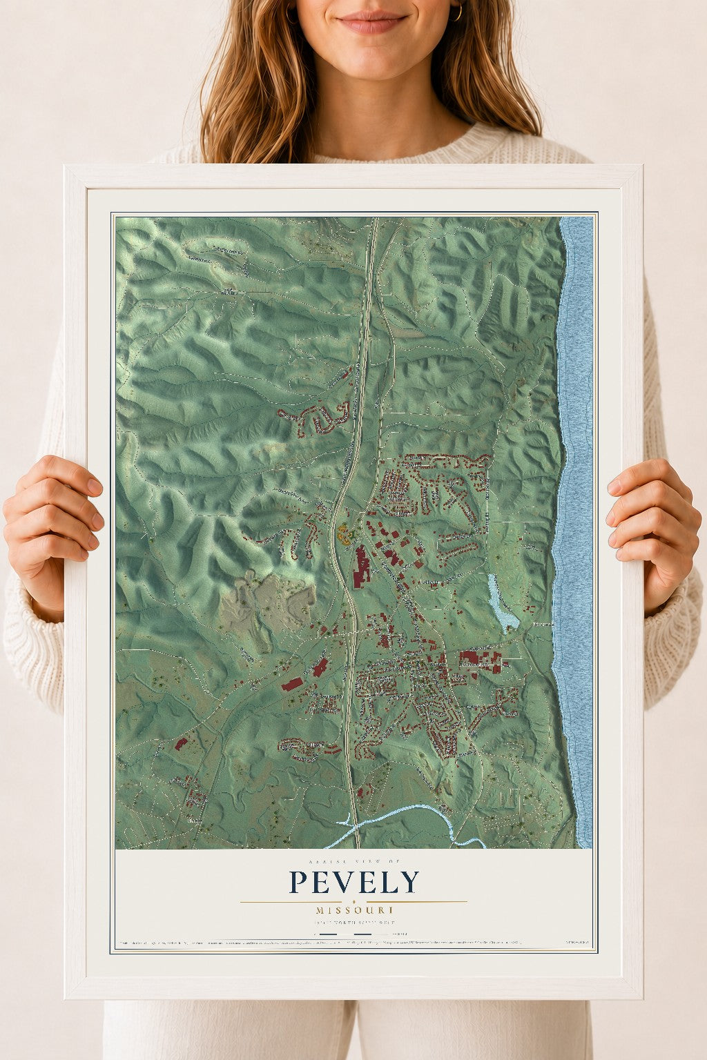 Map of Pevely, Missouri, 18 x 24 inch print in a white wood frame