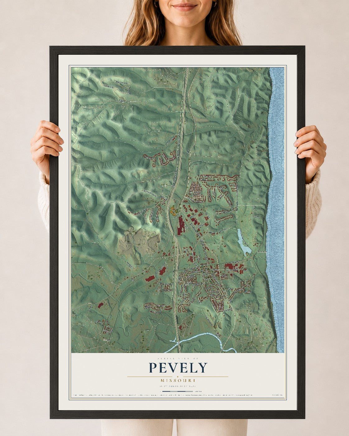 Map of Pevely, Missouri, 24 x 36 inch print in a black wood frame