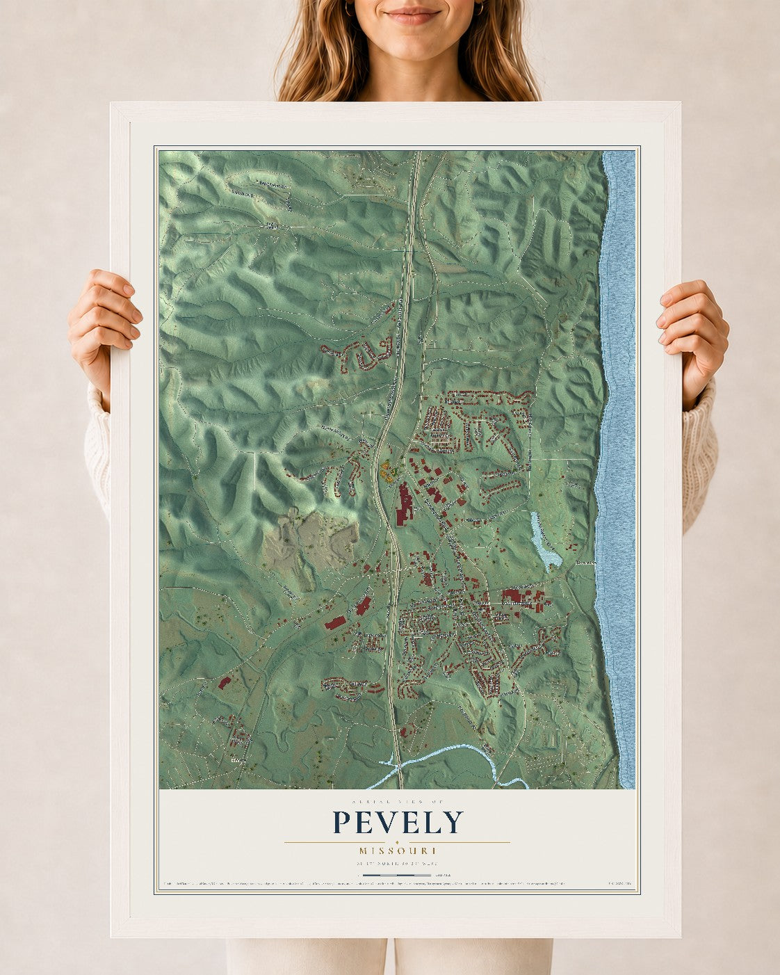 Map of Pevely, Missouri, 24 x 36 inch print in a white wood frame