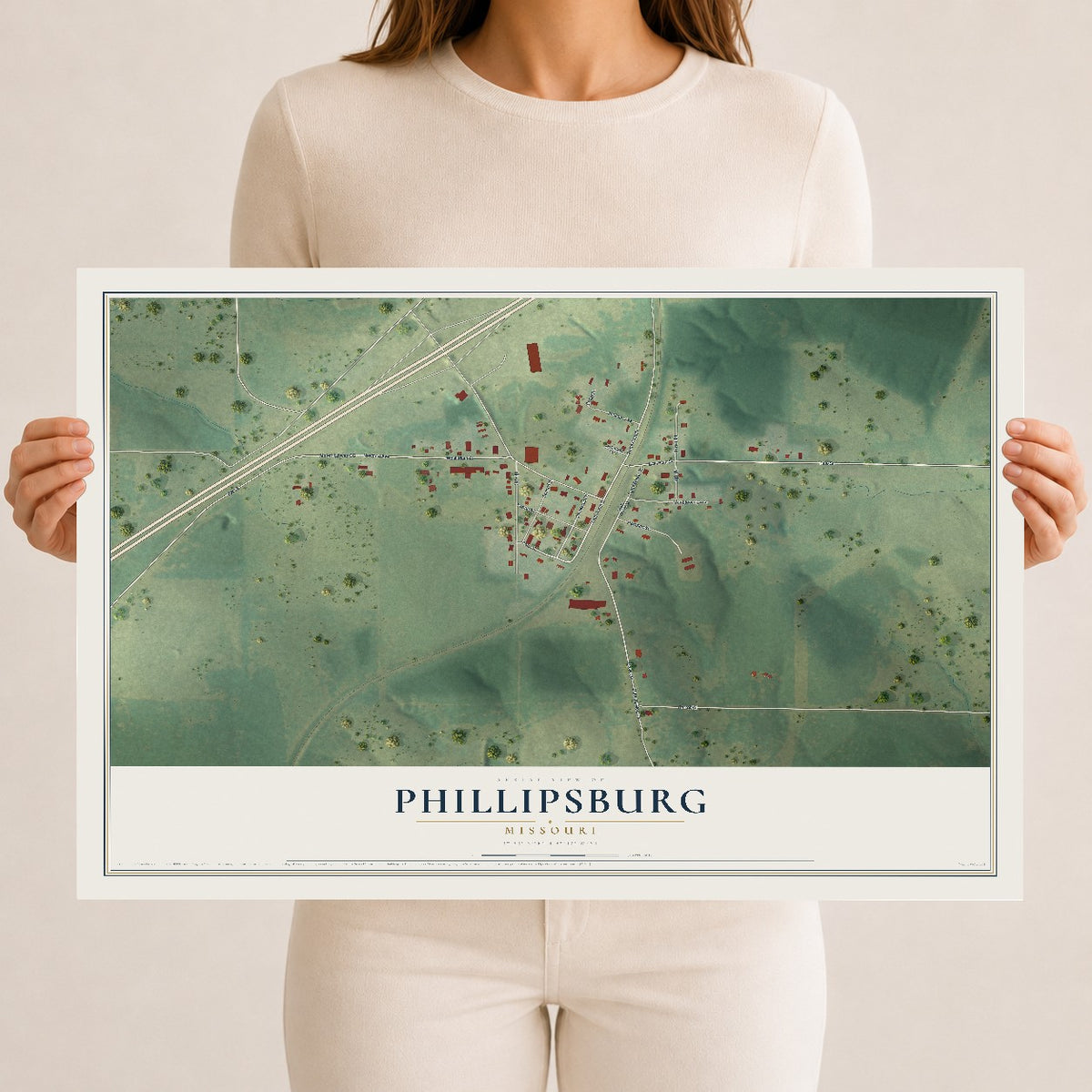 Map of Phillipsburg, Missouri, 12 x 18 inch unframed archival matte print