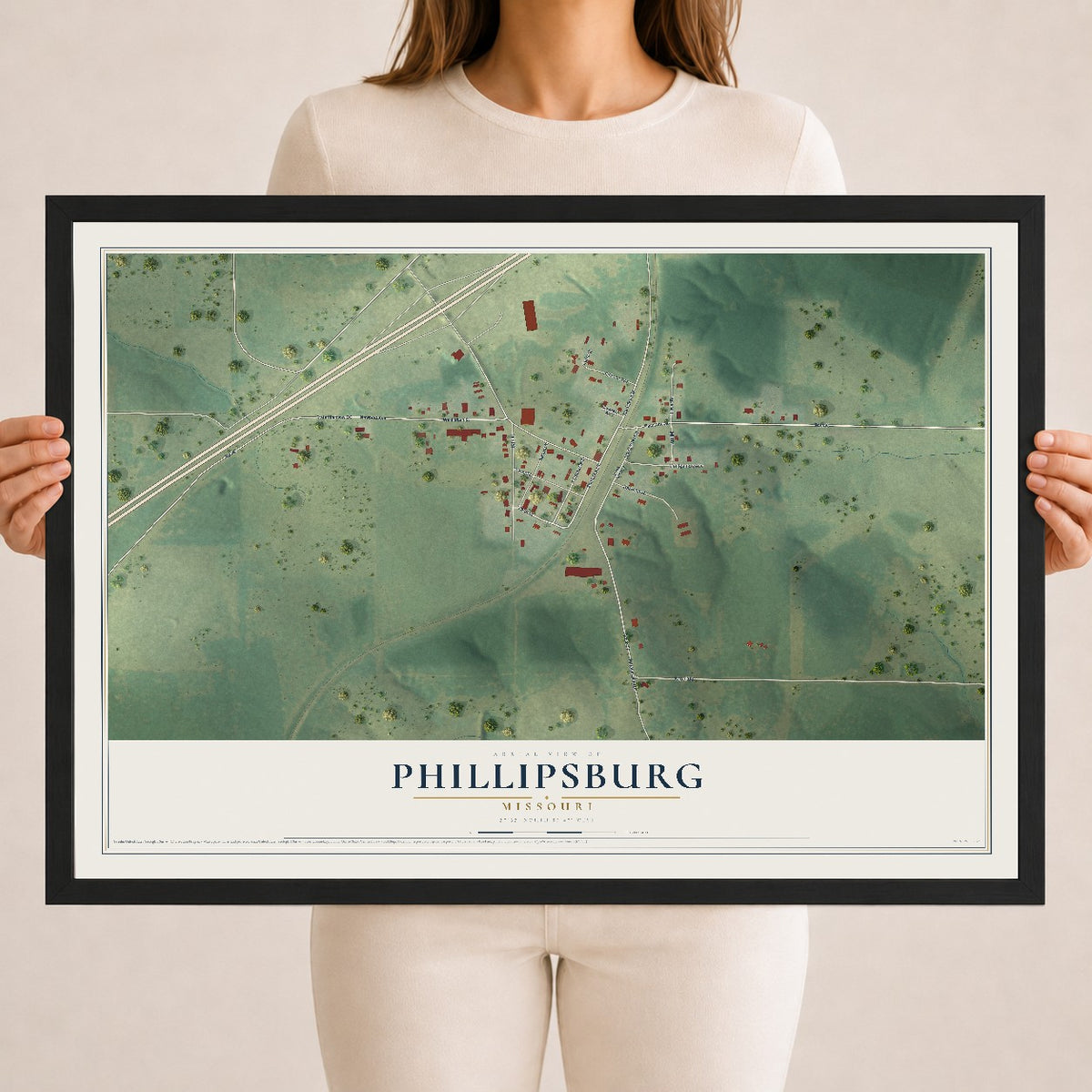 Map of Phillipsburg, Missouri, 18 x 24 inch print in a black wood frame