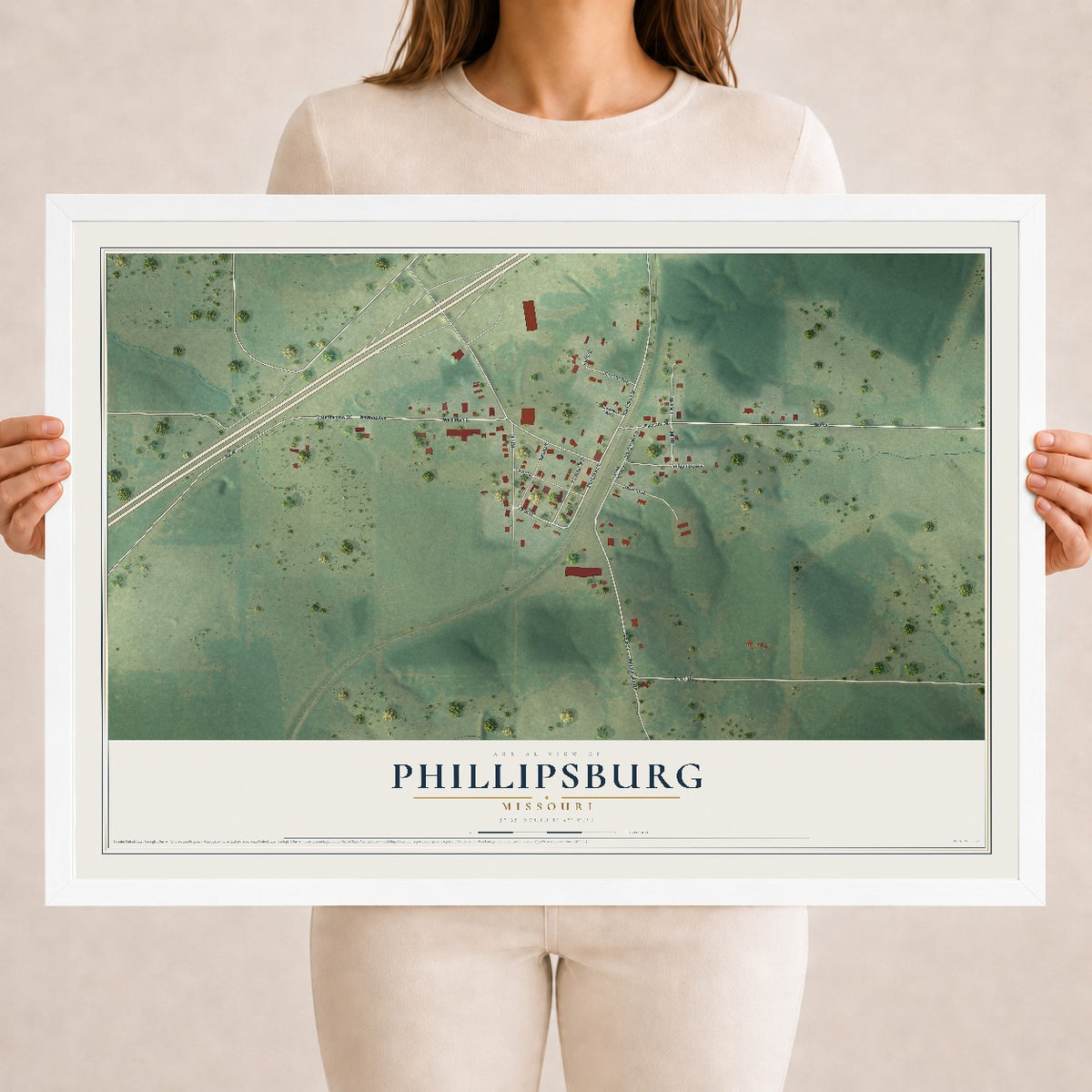 Map of Phillipsburg, Missouri, 18 x 24 inch print in a white wood frame