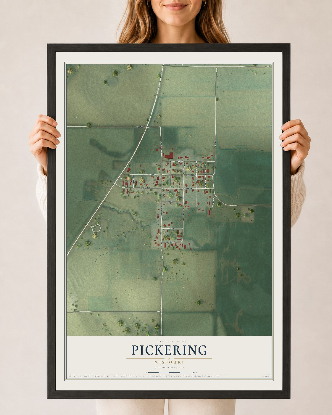 Map of Pickering, Missouri, 24 x 36 inch print in a black wood frame